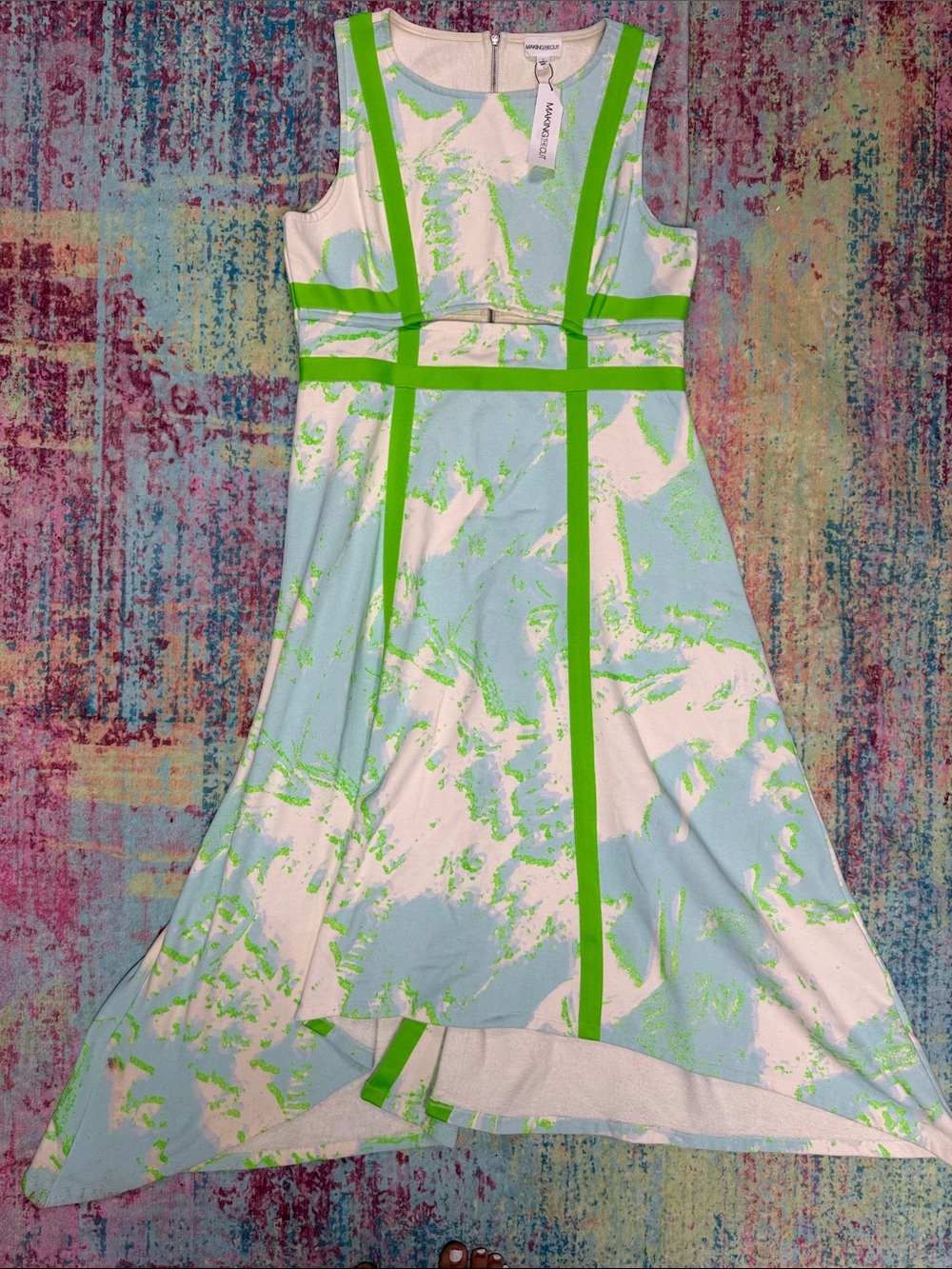 Sleeveless High-Low Abstract Print Dress with Lime Trim